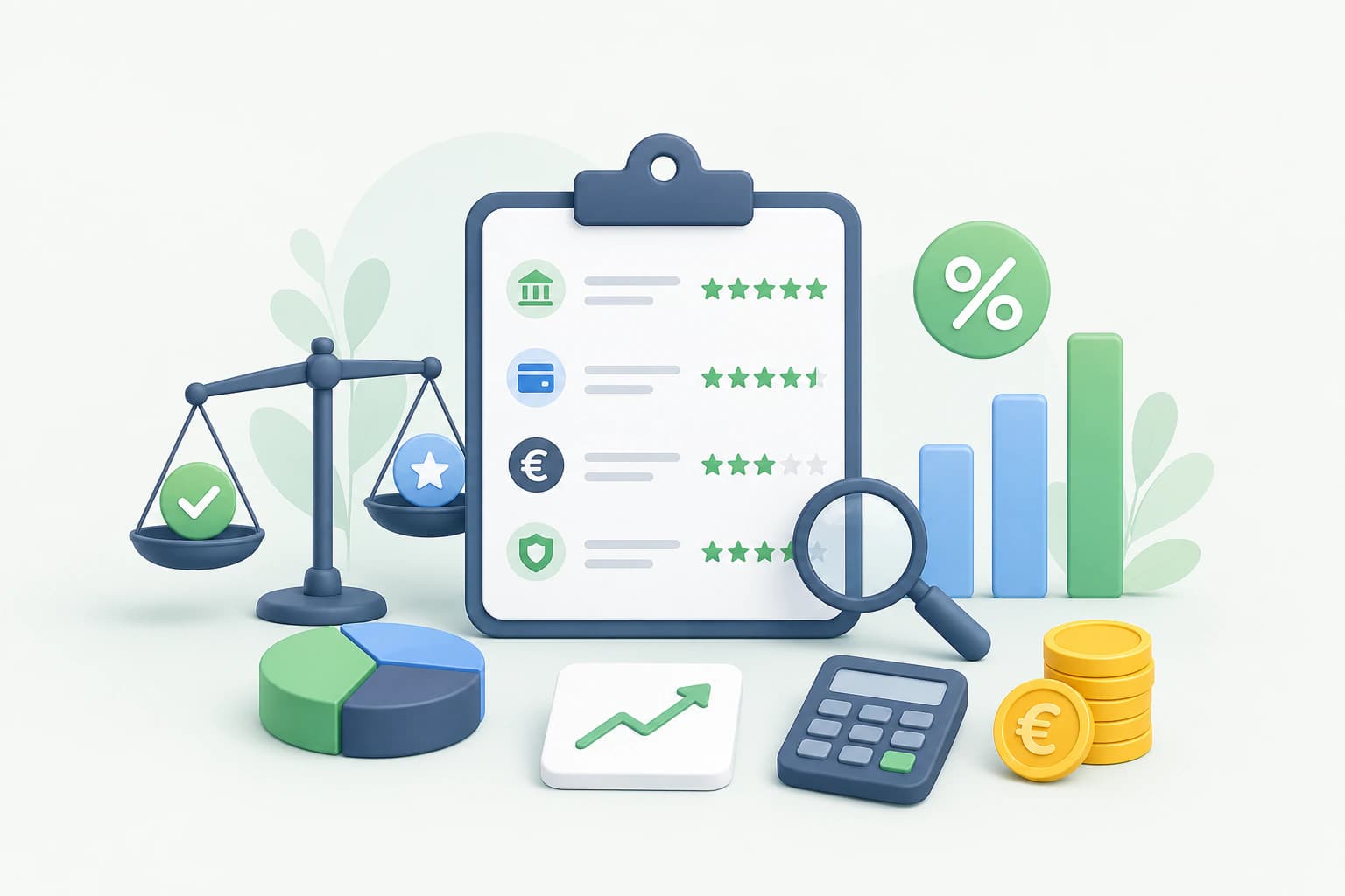 Illustration: Finanzprodukte im Vergleich – Bewertungsliste, Waage und Diagramm
